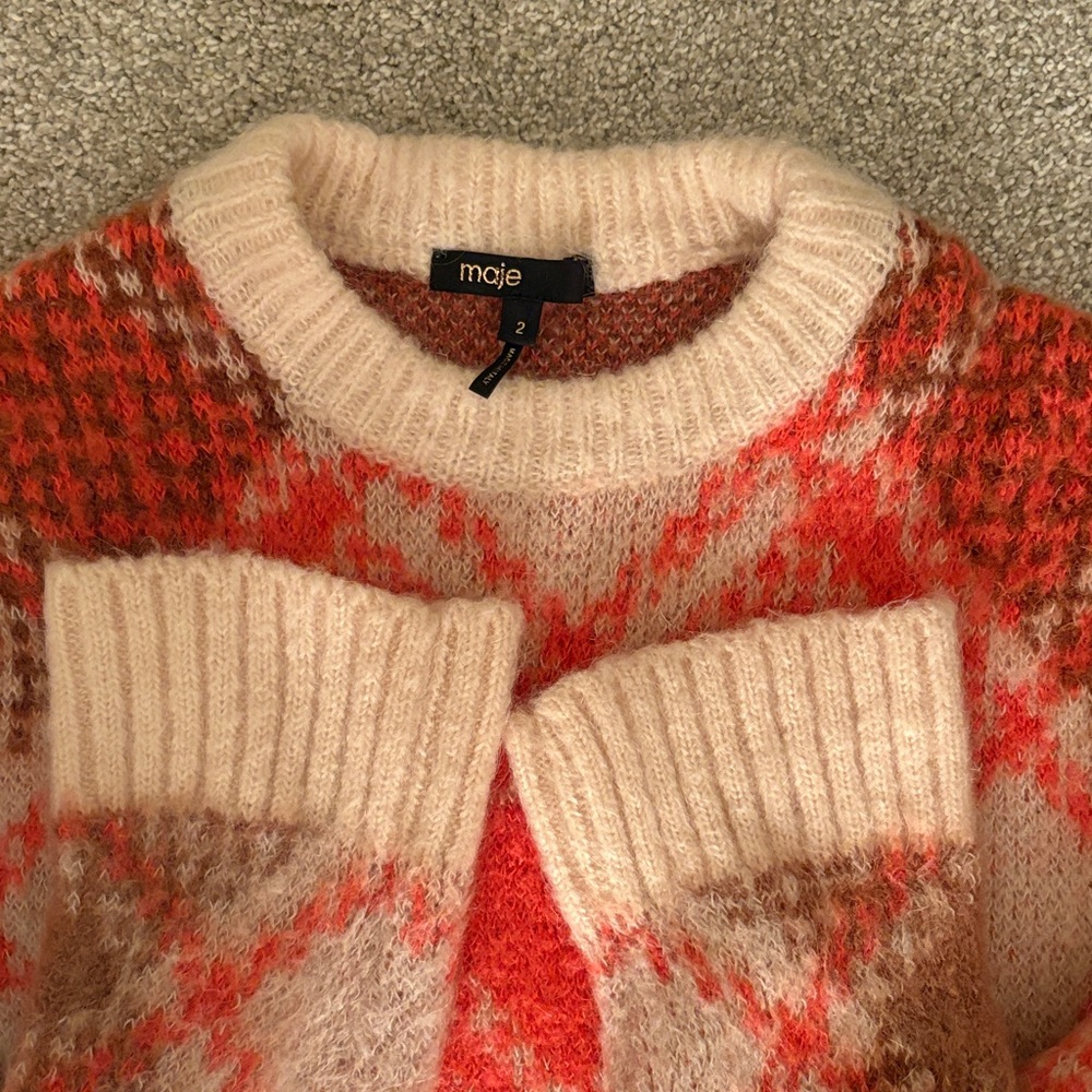 Maje Vibrant Red and Tan Checkered Crewneck Sweater - Picture 3 of 5